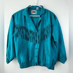 Vintage 1980’s Women's Silk Fringe Bomber Jacket Medium M 
Blue Turquoise Top